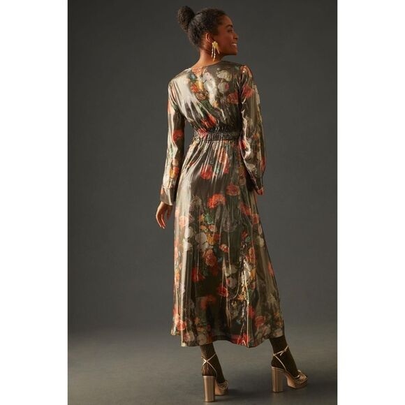 Anthropologie x Caballero Deep V-Neck Metallic Floral Maxi Dress Brown Motif - Picture 4 of 8